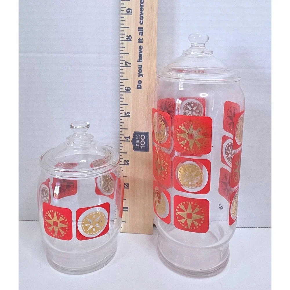 Vintage MCM Red Gold Atomic Starburst Glass Canister Set of 2 Retro Kitchen Jars